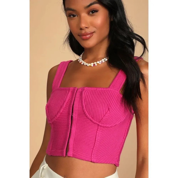 Lulu’s Model Status Hot Pink Ribbed Knit Cropped Bustier Tank Top - Picture 1 of 7